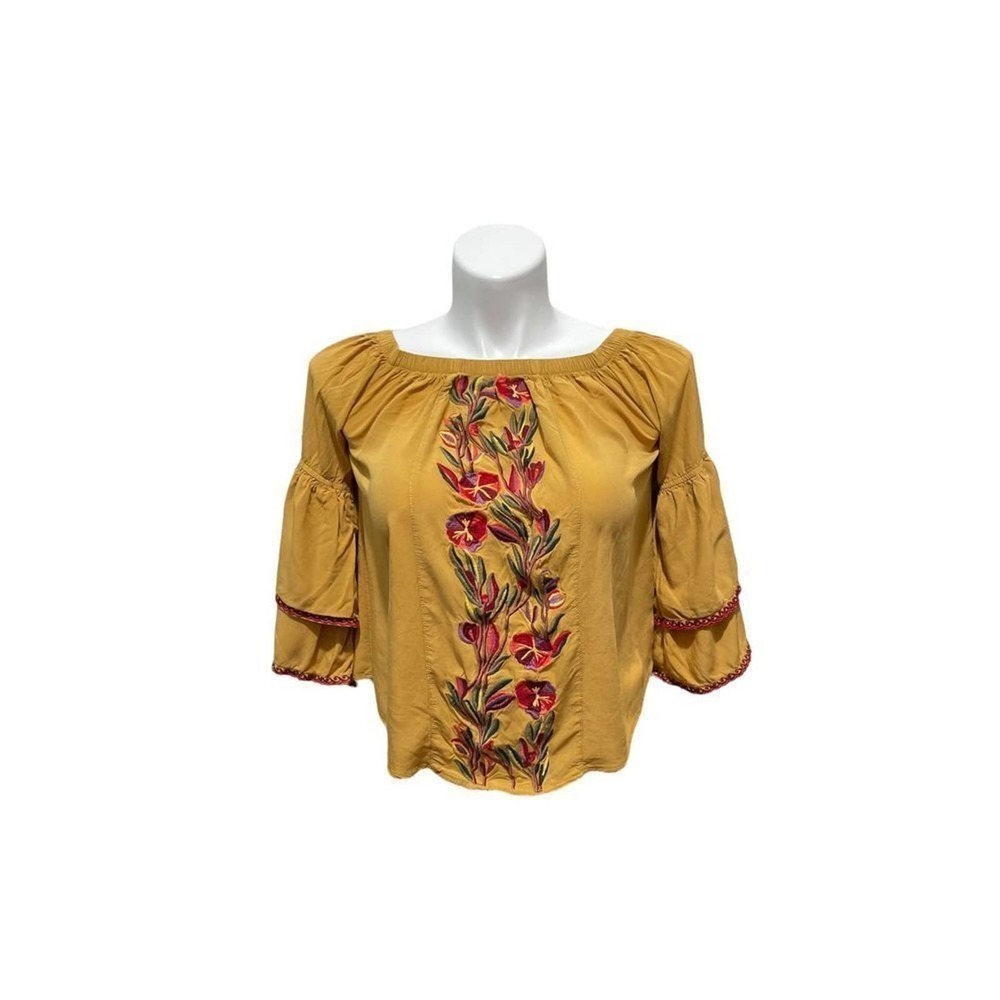 Solitaire Women's Boho Peasant Bell Sleeve Blouse Top‎ Floral Embroidered Small